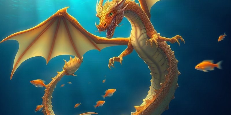 Rồng vàng uy nghi trong đại dương xanh với đàn cá nhỏ xung quanh