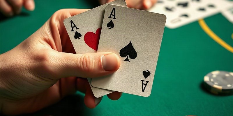 Người chơi đang cầm hai lá bài blackjack trên bàn casino